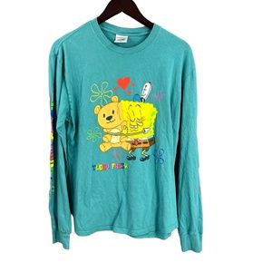 Teddy Fresh‎ SpongeBob T-Shirt Aqua Blue Graphic Print Spell Out Sleeve Small